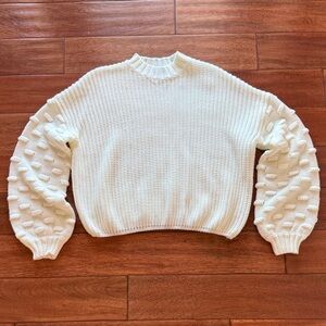 Miss Sparkling White Cropped Sweater for Women Textured Balloon Sleeves Size XL